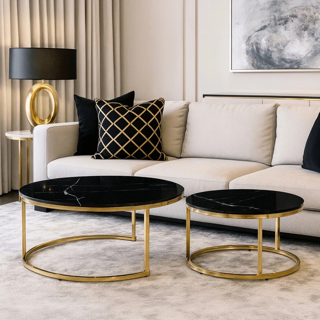 Zestaw Stolików Kawowych MILANO 60 cm/80 cm Czarny Marmur/Złoty Glamour