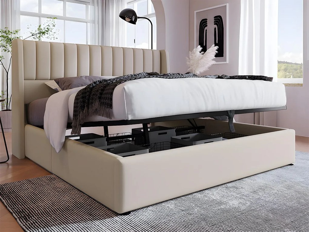 Łóżko tapicerowane 140x200cm z lnu z stelażem na listwach - Beżowe