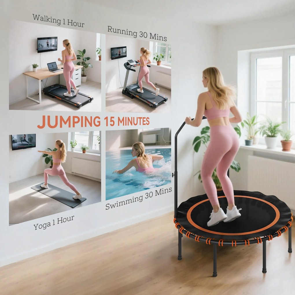 SPORTNOW Trampolina fitness z regulowaną poręczą, trampolina sportowa do użytku wewnątrz i na zewnątrz, stal, tworzywo sztuczne, pomarańczowy