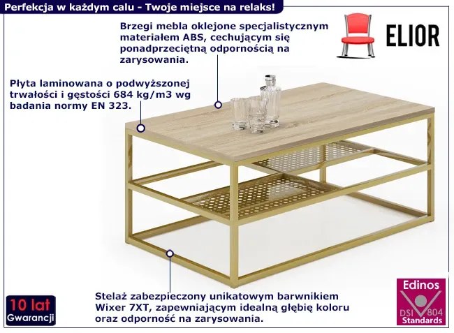 Stolik z półkami glamour dąb sonoma + złoty - Furios 3X