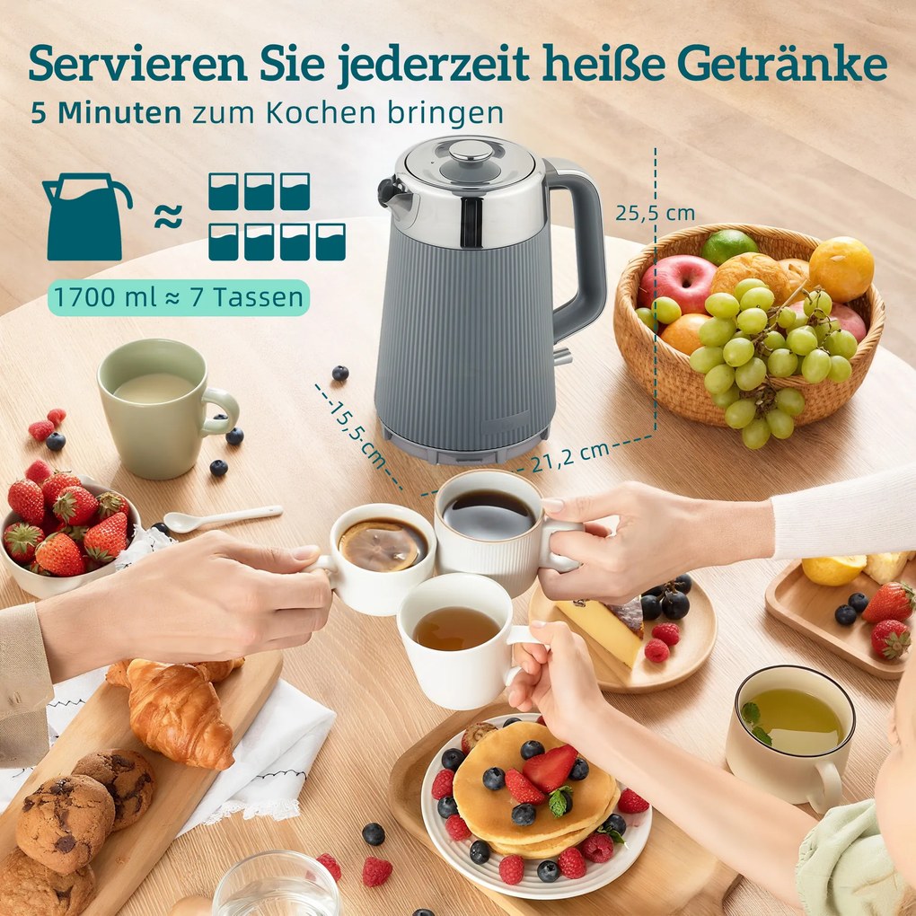 HOMCOM Czajnik 2200 W, 1,7 l z funkcją szybkiego gotowania, filtrem kamienia i tosterem na 4 kromki z 7 poziomami zarumienienia, szary | Aosom PL
