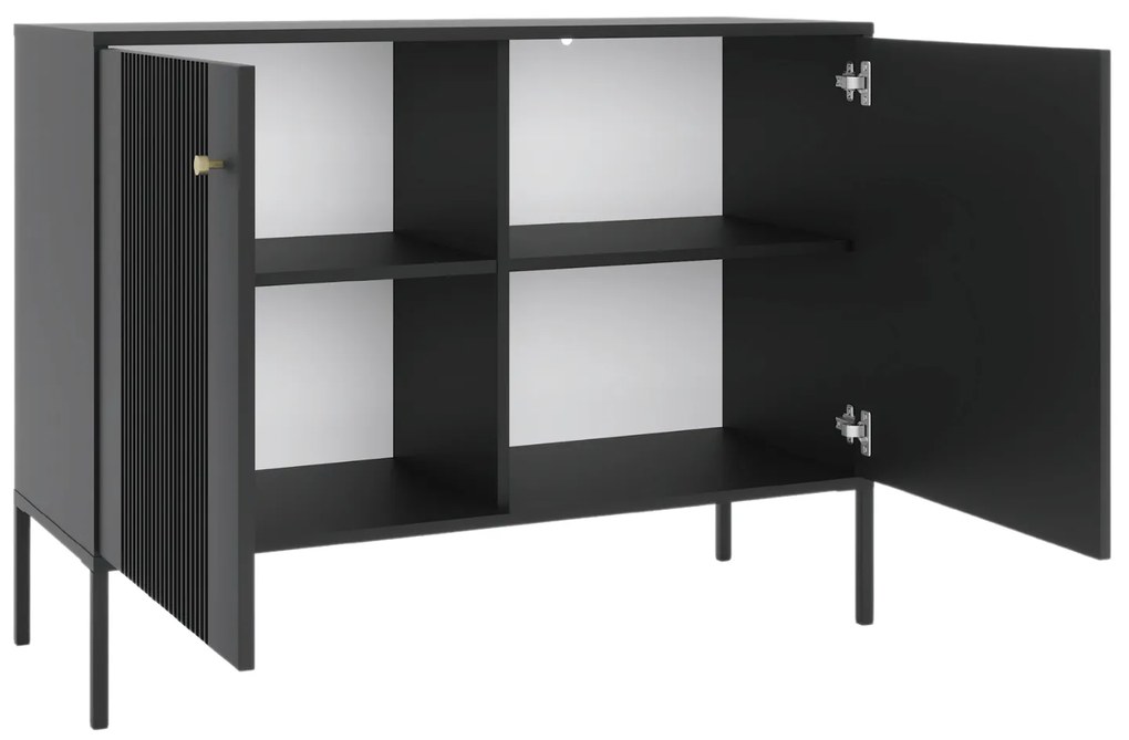 Komoda do Salonu Sypialni SOFT 104 cm Czarna Ryflowana Dwudrzwiowa Nowoczesna
