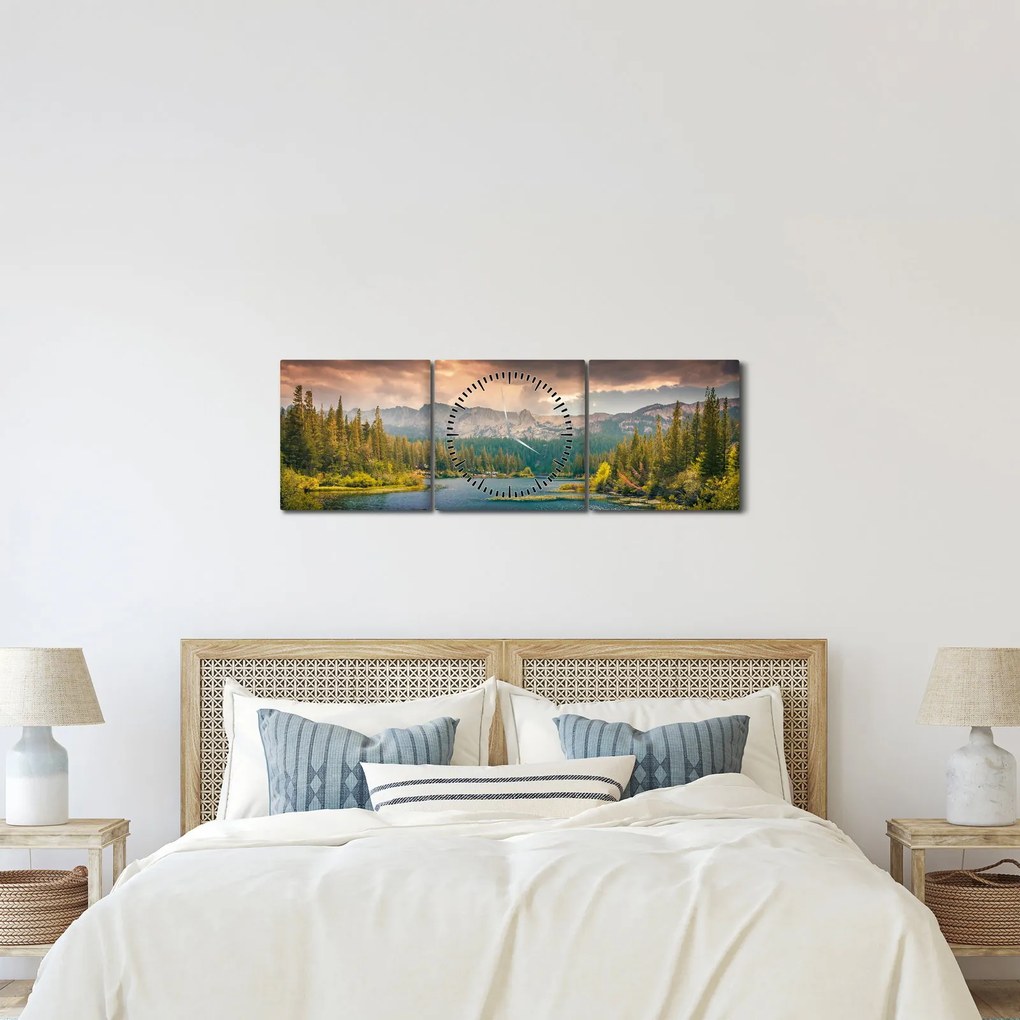 Obraz górskiej rzeki i gór (z zegarem) (90x30 cm)