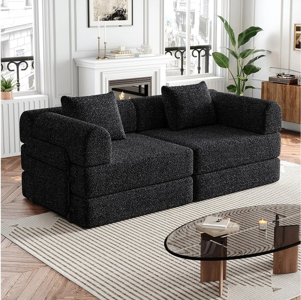 Czarna sofa 2-osobowa - Prosta sofa z miejscem do przechowywania i 3 metalowymi stelażami - gąsienica