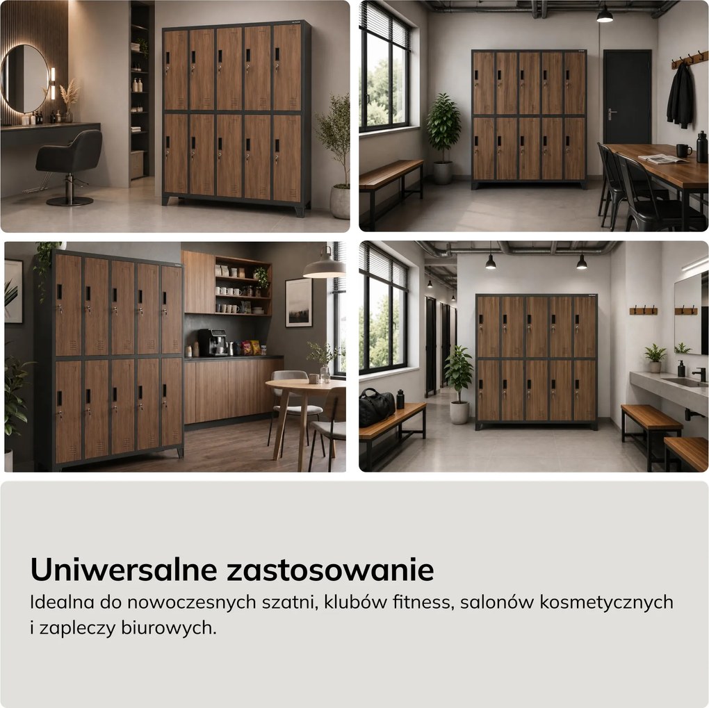 Szafa socjalna ubraniowa 10-drzwiowa antracytowa/orzech, 1360x1720x450 mm: BARTEK Eco Design