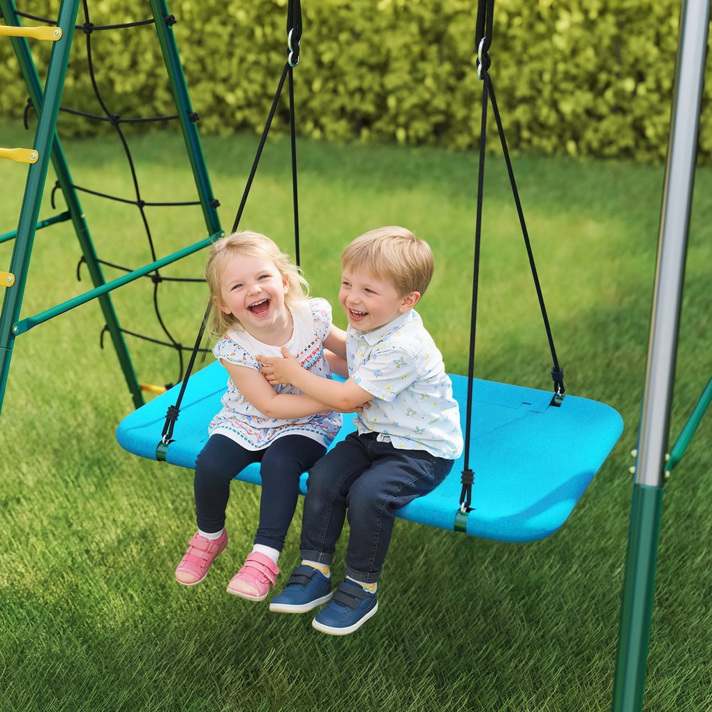 AIYAPLAY 5 w 1 huśtawka z regulowaną huśtawką typu gniazdo, kółkami gimnastycznymi, dwusiedziskiem, ścianką wspinaczkową, dla dzieci 3-8 lat, 440x175x203 cm | Aosom PL