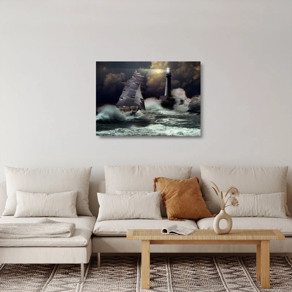 Obraz na szkle - Statek płynący przez wzburzone fale (70x50 cm)
