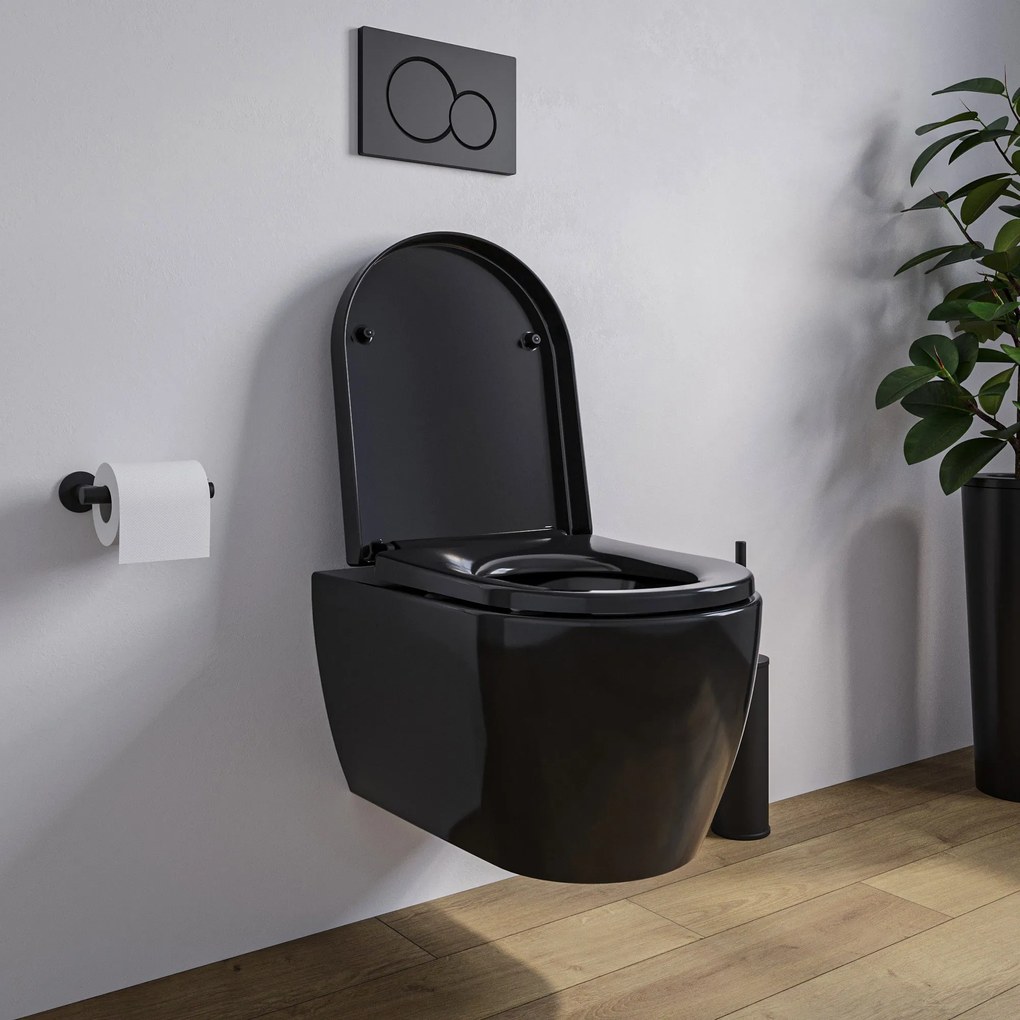 Miska WC wisząca bezrantowa NANO NT2038Czarny błyszczący z miękko zamykającą się pokrywą - wersja krótka