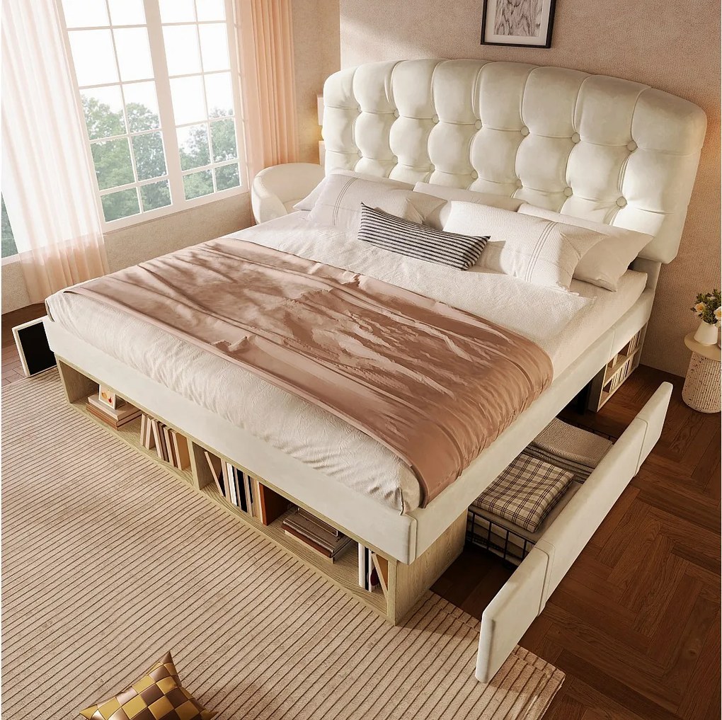 Łóżko podwójne z pojemnikiem - 140 x 200 cm - z regulowanym zagłówkiem + szuflady + półki - aksamitne - beżowe