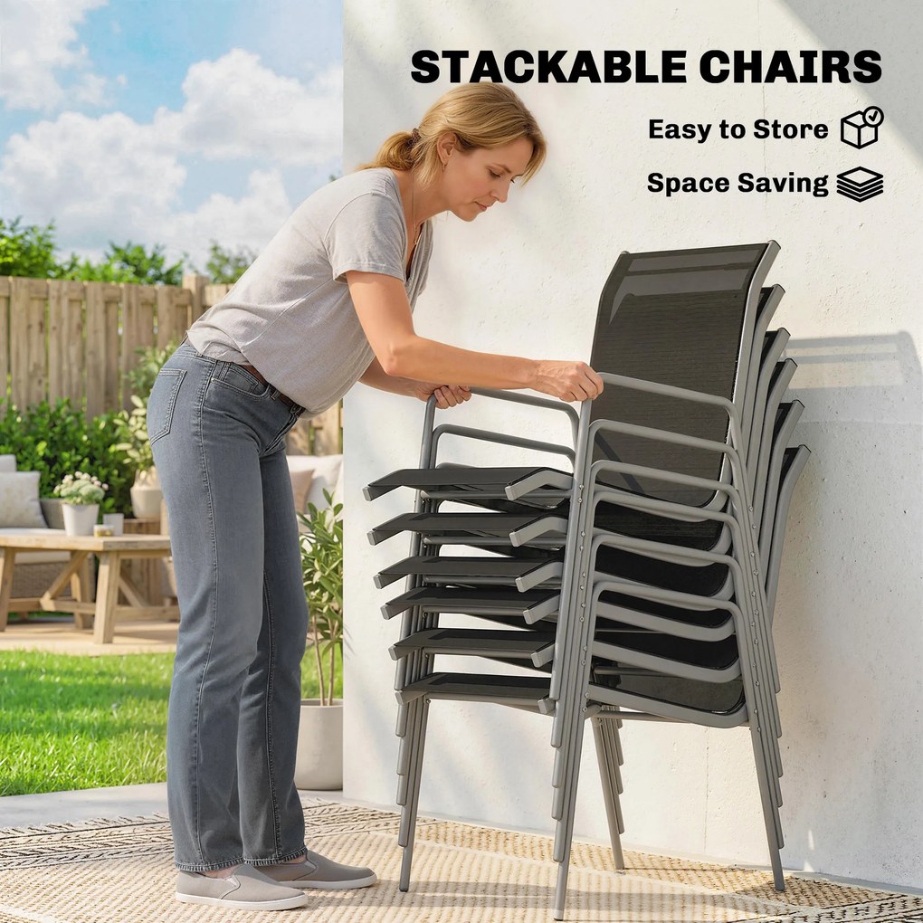 Outsunny Zestaw Mebli Ogrodowych 150 x 90cm Stół z 6 Oddychającymi Krzesłami Szkło Hartowane | Aosom PL