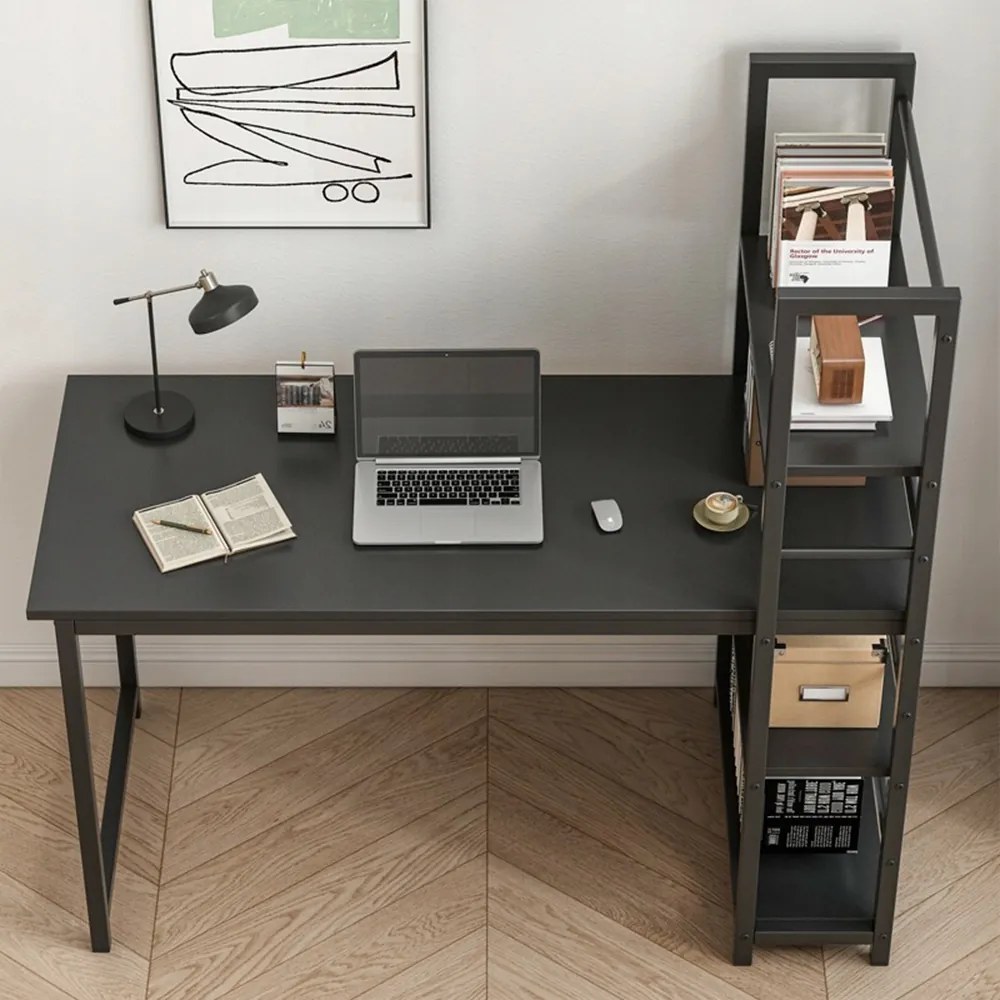 Czarne biurko w stylu industrialnym z wbudowaną półką – 120 cm | Design loftowy z bocznymi półkami