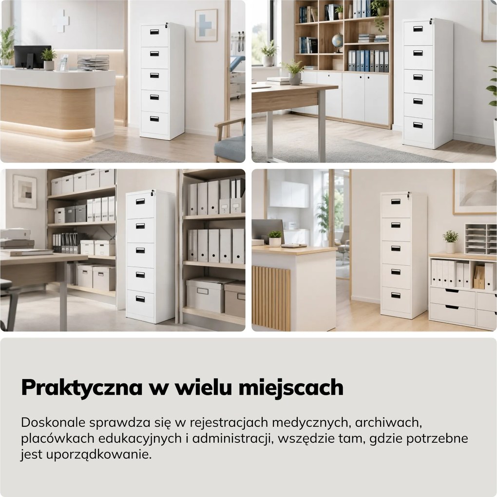 Szafa kartotekowa metalowa z 5 szufladami biała, 460x1625.5x600 mm: SARA V5