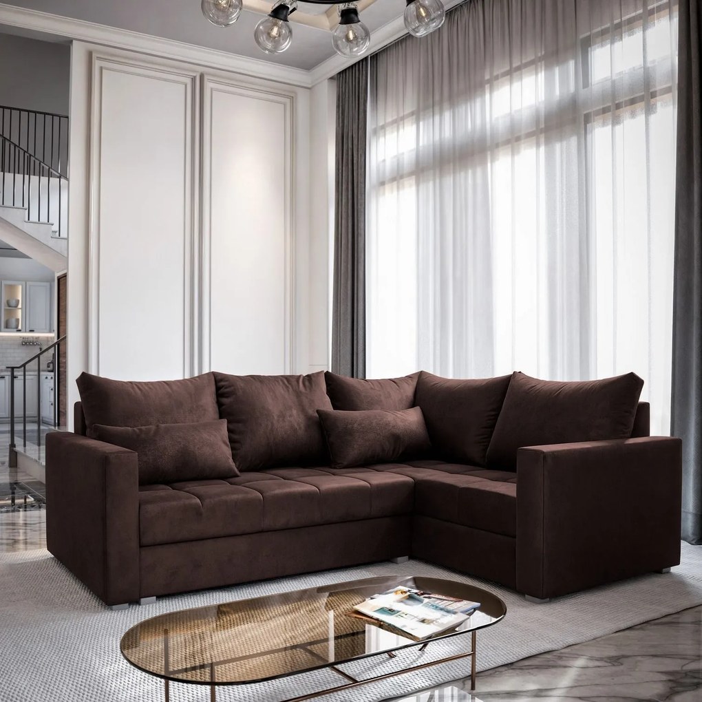 Masseno Narożnik LIRENO z funkcją spania i pojemnikiem na pościel Narozniki L, Rozkładana sofa - Brązowy, KRONOS 06