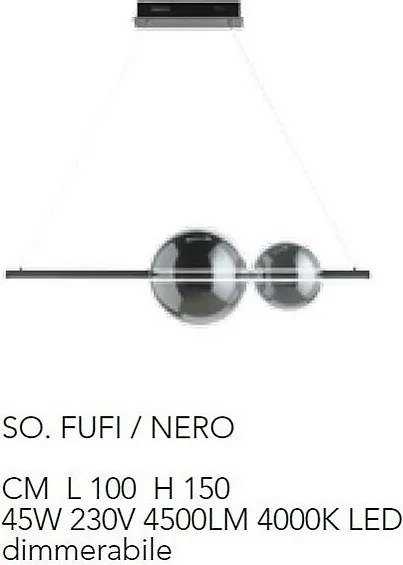 Ondaluce Fufi 45W ściemnialna lampa wisząca LED z metalu i dmuchanego szkła, 4000K, kolor czarny