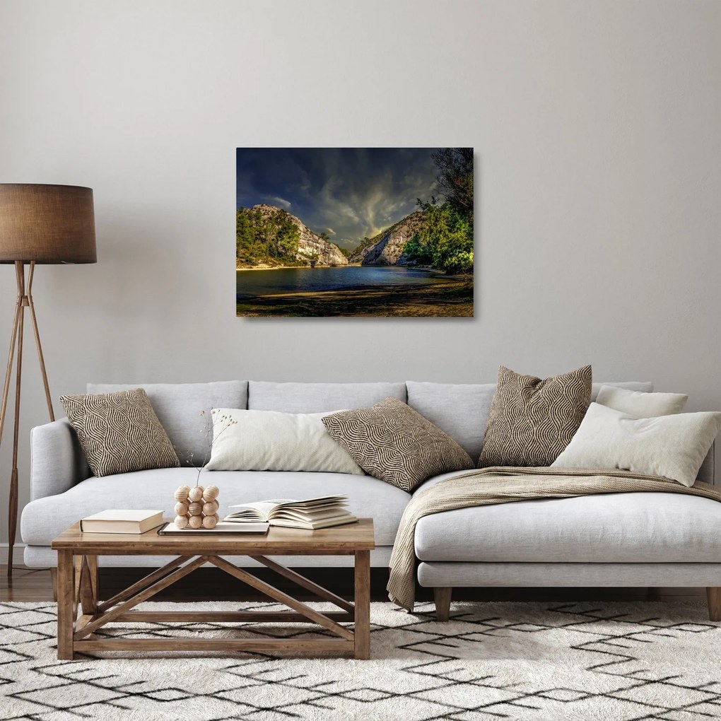 Obraz na szkle - krajobraz z jeziorem (70x50 cm)
