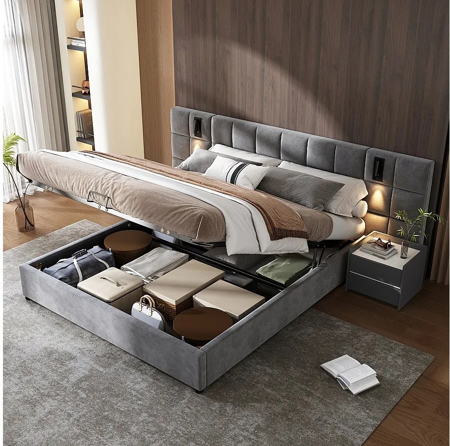 Łóżko z pojemnikiem 140x200 cm - z zagłówkiem, portem USB, stelażem - metalowe - szare - materac nie jest wliczony w cenę