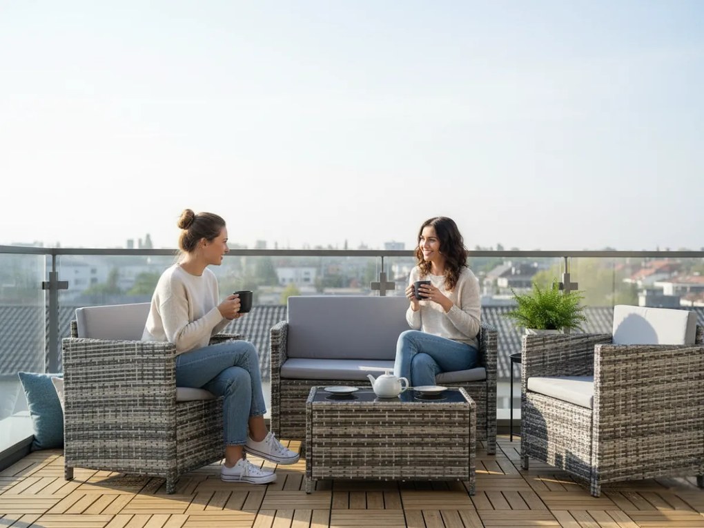 Zestaw mebli ogrodowych z technorattanu ( 2 x fotel, sofa + stolik) CALMO szary