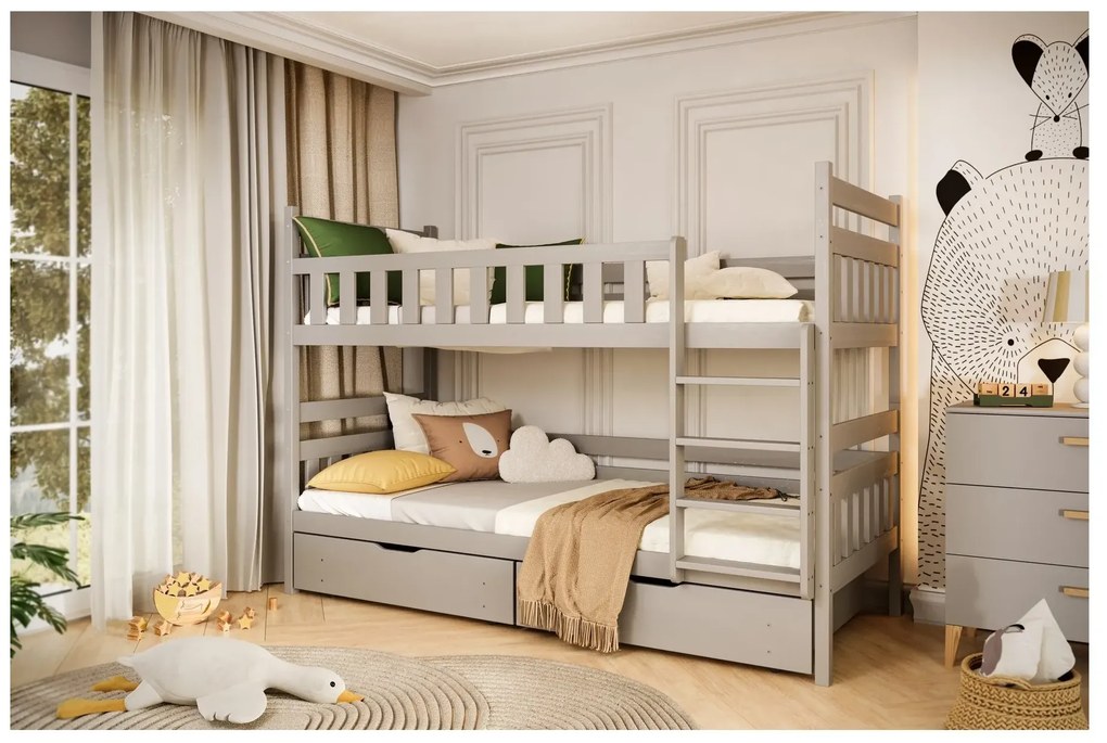 Łóżko piętrowe BARTEK 180x90 szare drewniane trzyosobowe z szufladami KOCOT KIDS