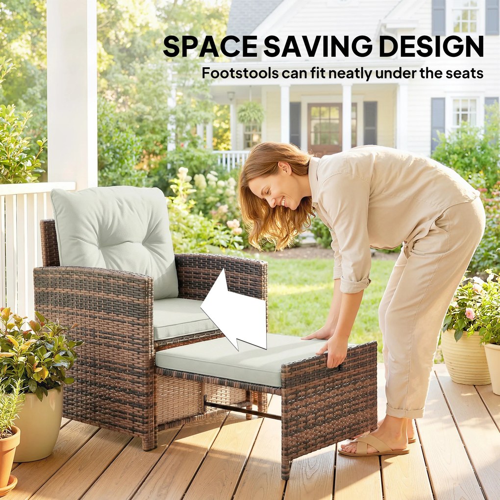 Outsunny Rattanowy zestaw mebli ogrodowych 5-częściowy zestaw balkonowy z 2 krzesłami, poduszkami, podnóżkami, stołem i schowkiem, kremowy | Aosom PL