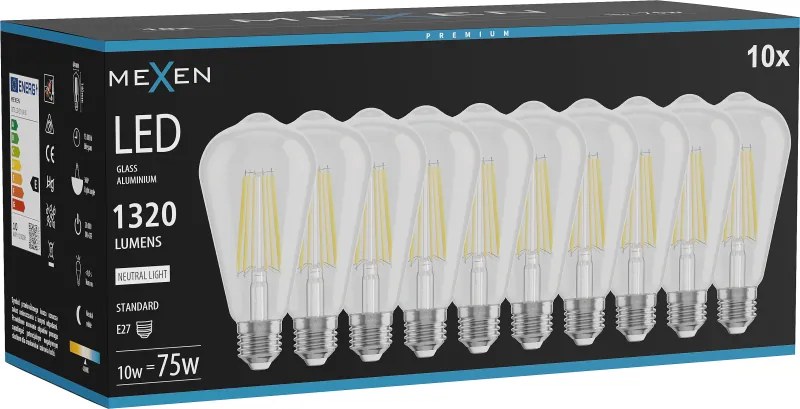 Mexen Vintis 10x żarówka filament LED E27, ST64, 10W, Neutralna - 4000K, 1320 lm, clear - L152-E27-1040-00x10