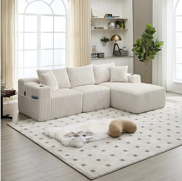 Modułowa Sofa Narożna 3-osobowa, z Korbu, z Uchwytem na Napoje, Poduszkami i Bocznymi Kieszeniami, Leżanka 118cm, Beżowy