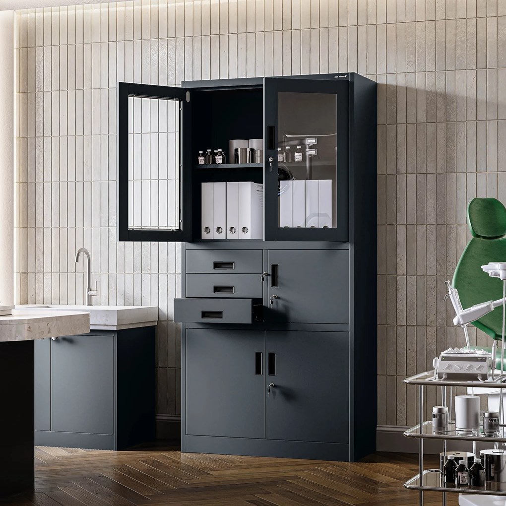 Biurowa szafa metalowa z sejfem na akta i dokumenty FILIP, 900 x 1850 x 400 mm, antracytowa