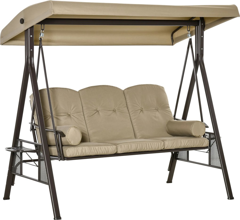 Outsunny huśtawka ogrodowa 3osobowa z daszkiem przeciwsłonecznym poduszka metal poliester khaki 116x206x183cm | Aosom PL