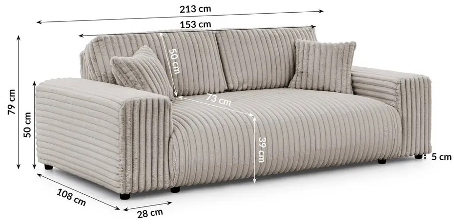 Jasnoszara sztruksowa sofa 213 cm Justin – Ropez