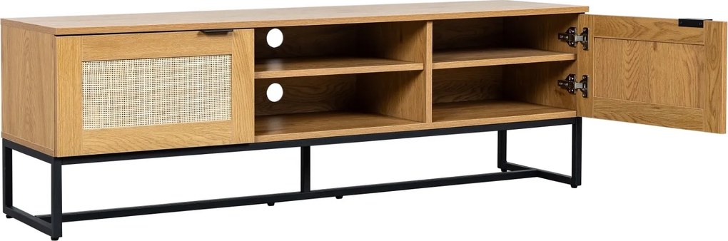 Loftowa szafka RTV w kolorze drewna Capri z naturalnym rattanem