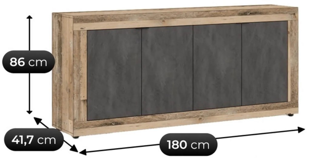 Komoda Czterodrzwiowa BLAGO 180 cm Czarny/Surowy Dąb Loft