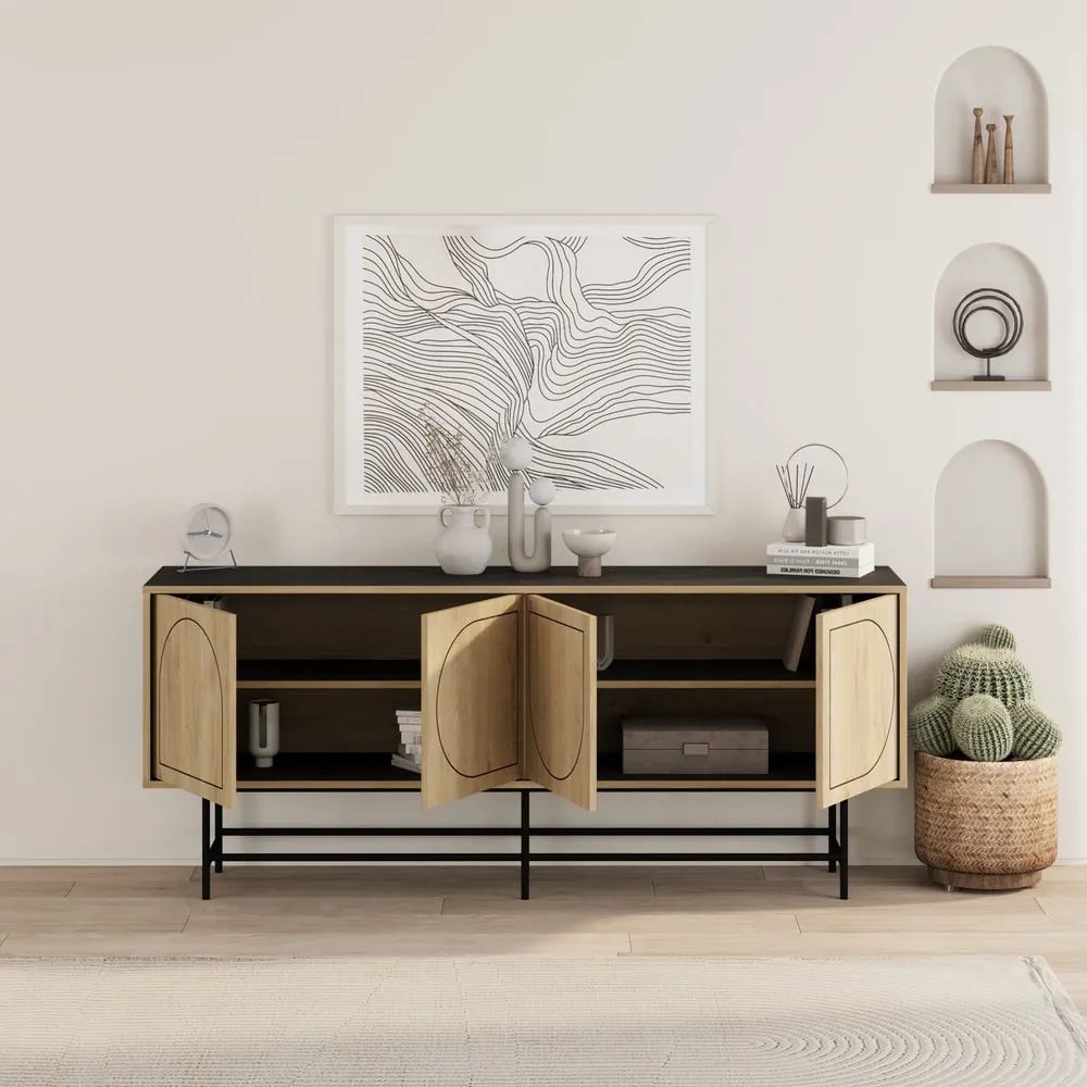 Czarna niska komoda w dekorze dębu 187x77,5 cm Giana – Marckeric