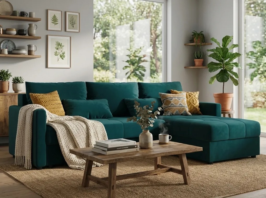 Rozkładana narożna sofa VENORIA 220x143 cm, petrolowa, uniwersalna + 2 poduszki GRATIS