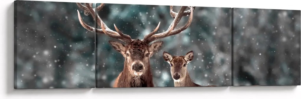 Obraz - Jeleń i łania w zaśnieżonym lesie (170x50 cm)