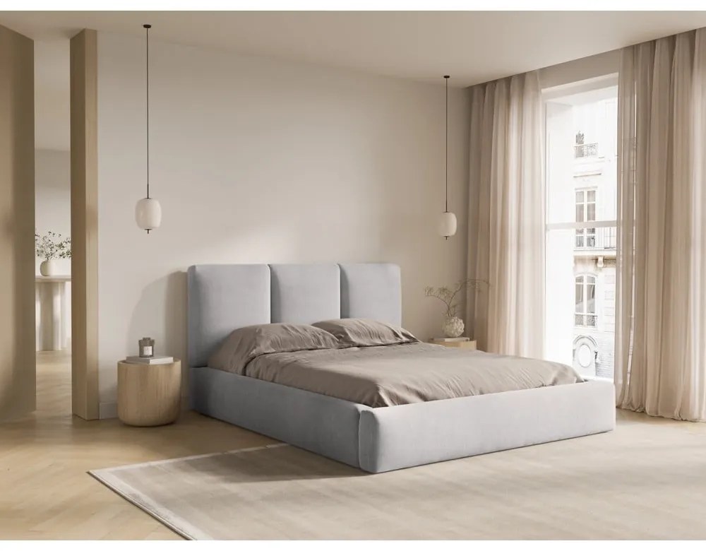 Jasnoszare tapicerowane łóżko dwuosobowe ze schowkiem i stelażem 140x200 cm Brody – Mazzini Beds