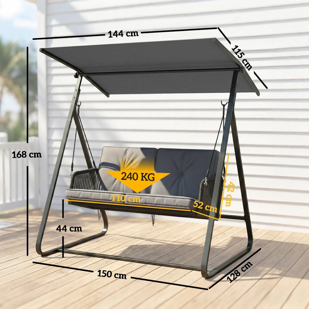 Outsunny Huśtawka rattanowa 2-osobowa z regulowanym daszkiem, miękką poduszką, stelażem A | Aosom PL