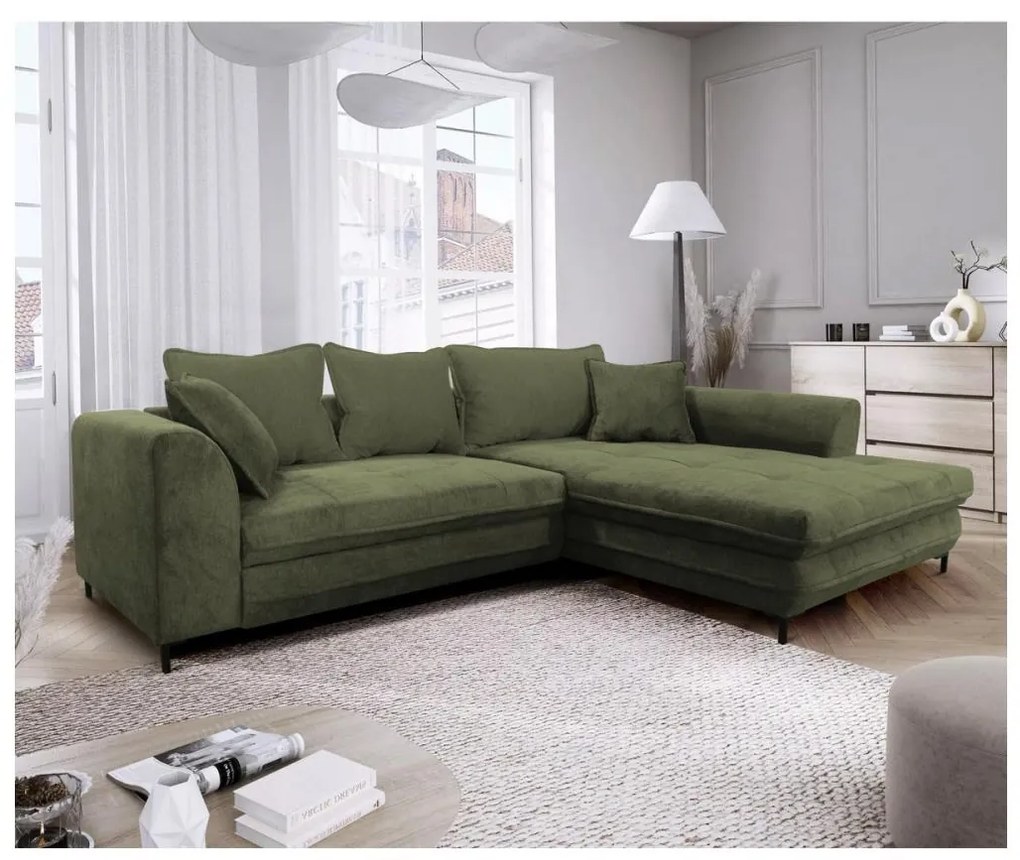 Narożnik rozkładany w kształcie litery L LAGOA, prawostronny, zielony, z pojemnikiem