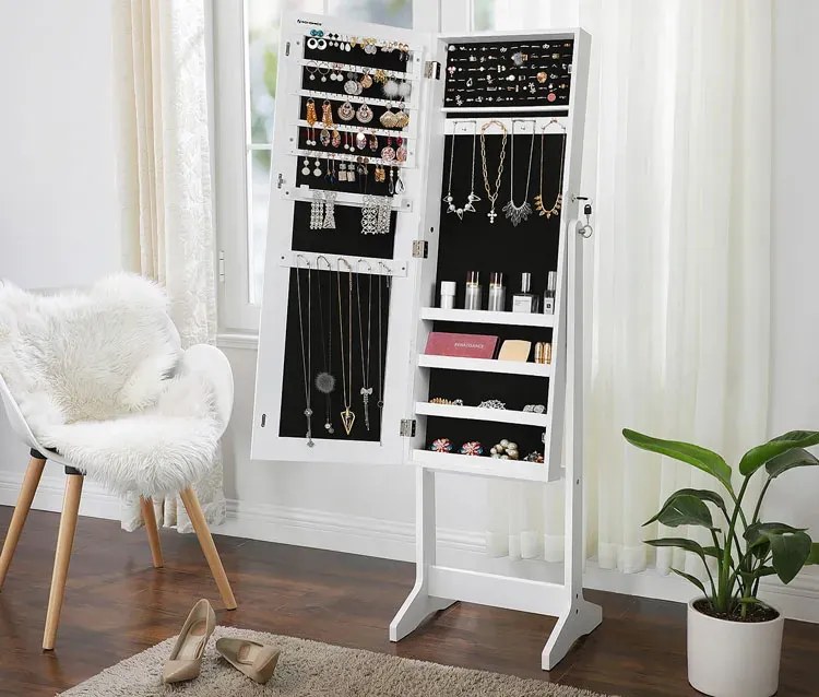 Biała szafka na biżuterię z lustrem na klucz N8-S66