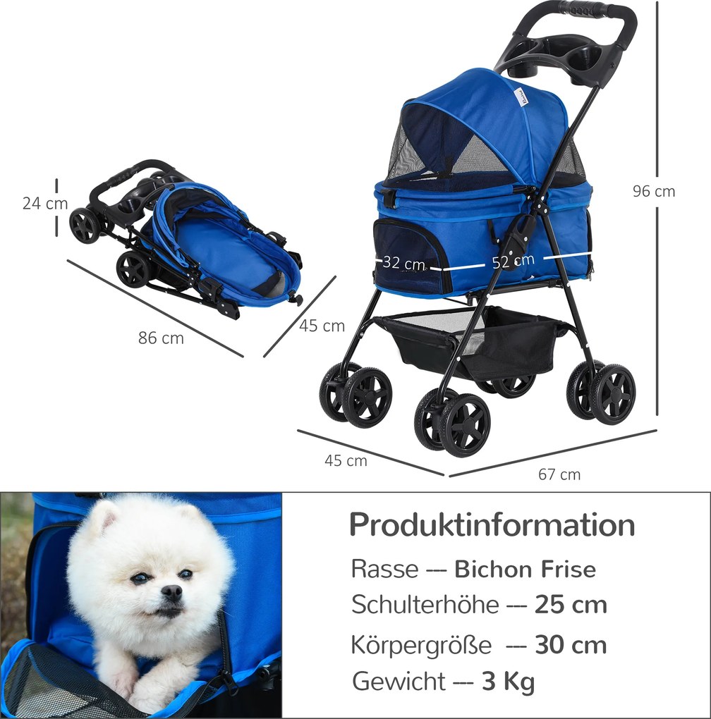 Outsunny Wózek dla Psa Kota Składany Niebieski Oxford do 15kg | Aosom PL
