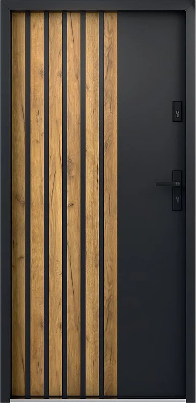 Drzwi wejściowe pełne ze stali wys. 207 x szer. 100 cm - Czarny i pasy imitujące drewno - prawe otwierane do wewnątrz - COBRITA