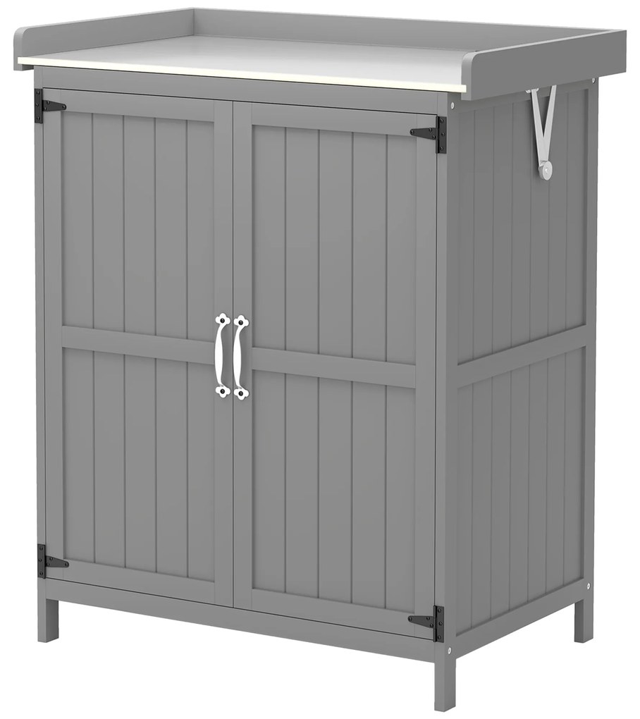 Outsunny Szafka Ogrodowa, Szafka na Narzędzia do Zewnętrznego Użytku, z Powierzchnią Roboczą, Drewno i Stal Nierdzewna, Podwójne Drzwi, Szary