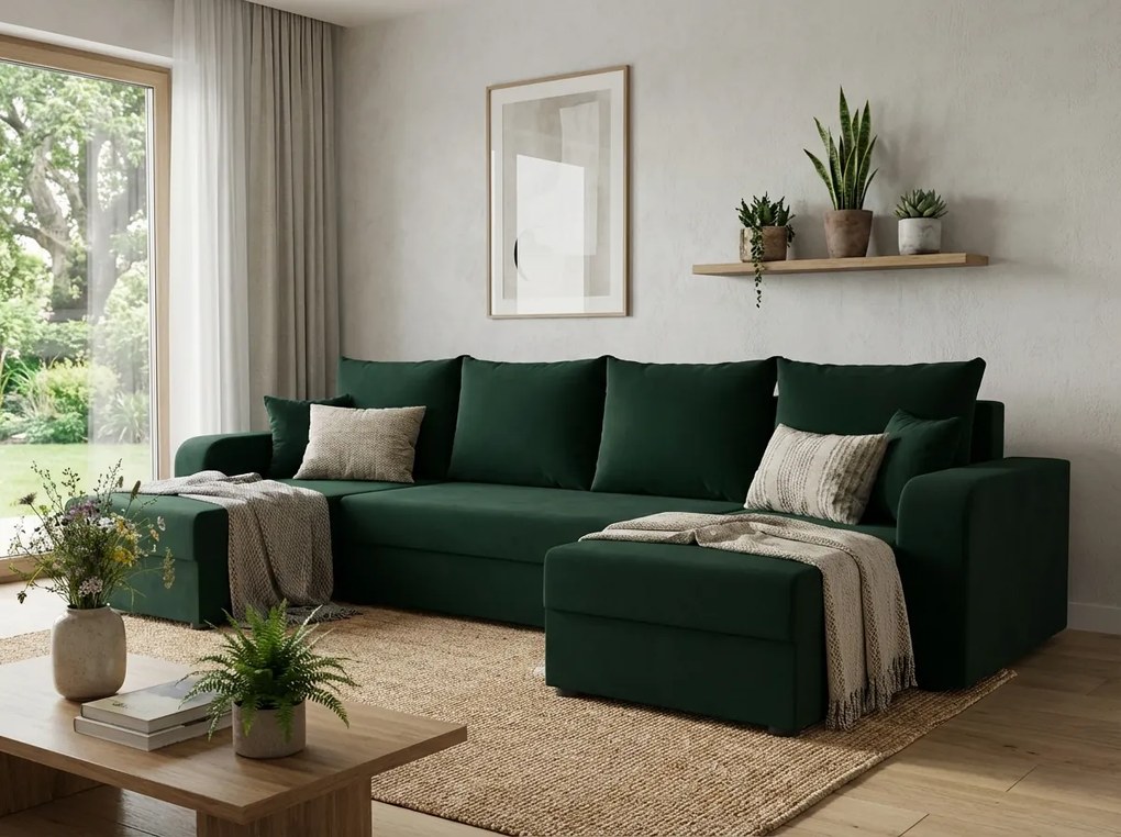 Rozkładana sofa narożna w kształcie U VALERIO 305x140 cm, ciemnozielona