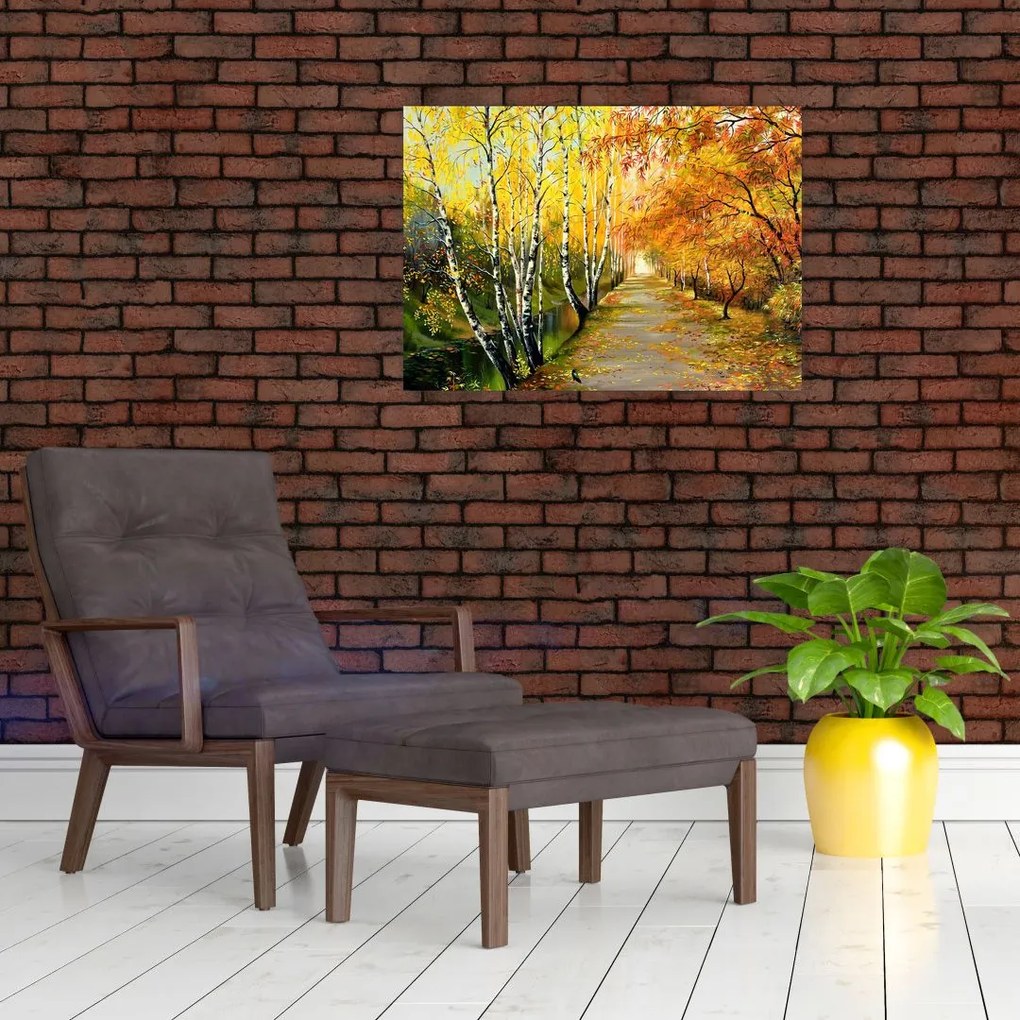 Obraz na szkle - Romantyczna aleja wzdłuż wody, obraz olejny (70x50 cm)