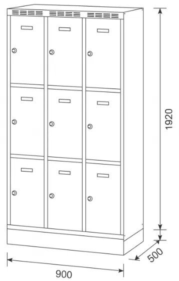 Szafka skrytkowa S6 na cokole, 9 schowków, 1920 x 900 x 500 mm, zamek obrotowy, drzwi ciemnoszare