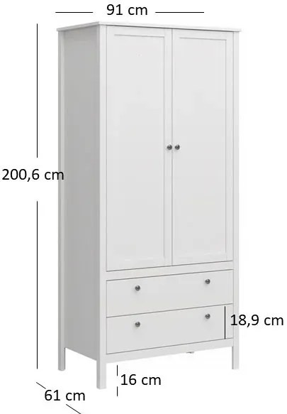 Biała szafa dwudrzwiowa na nóżkach z 2 szufladami - Omaron 13X