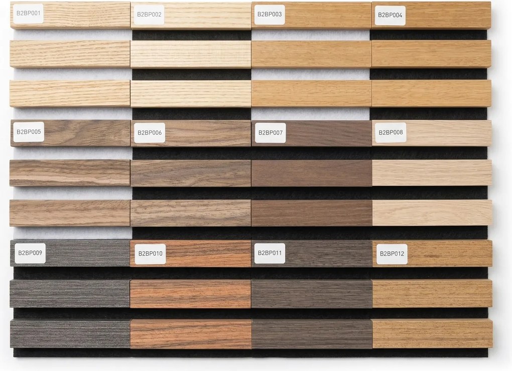 Wzornik paneli akustycznych – zestaw 12 próbek o wymiarach 12 × 12 cm