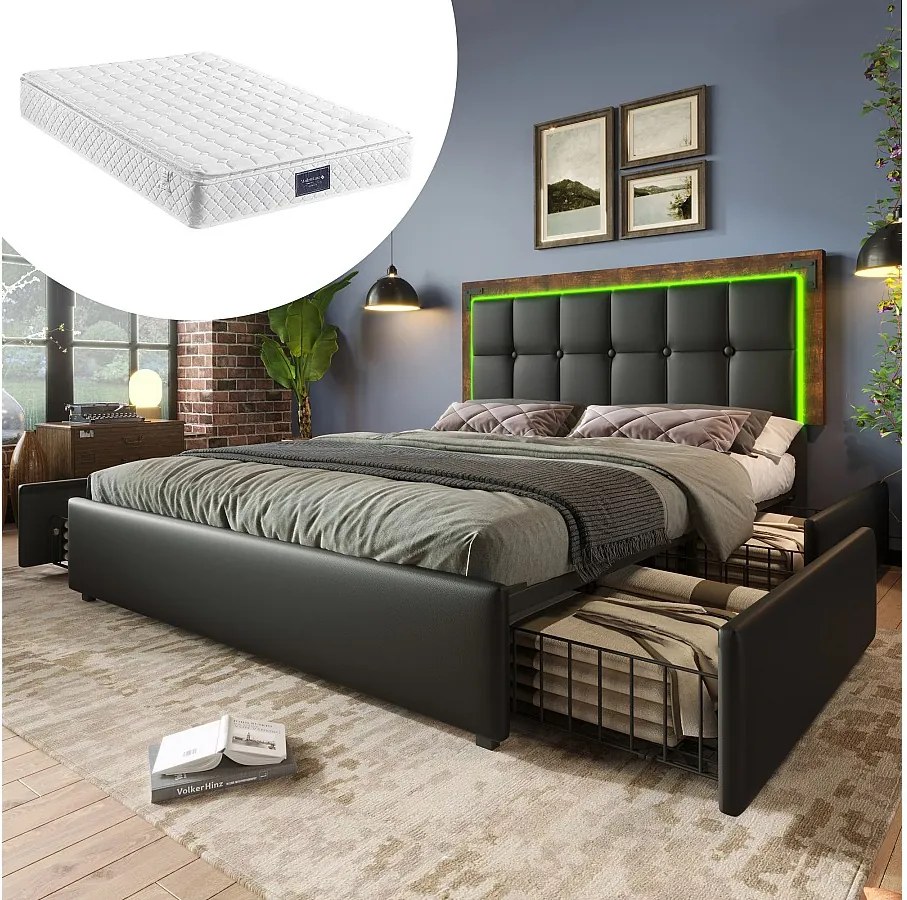 Łóżko dla dorosłych 160x200 cm - z regulowanym zagłówkiem, LED, 4 szuflady, stelaż - skóra syntetyczna - czarne - materac w zestawie