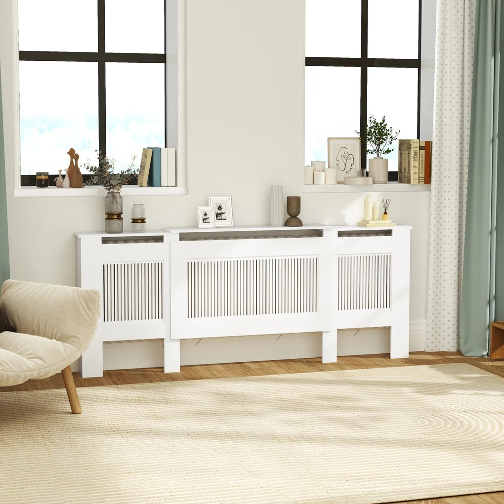 HOMCOM Osłona grzejnika, design z lamelami, regulowana długość 125-201 cm, MDF, Biała