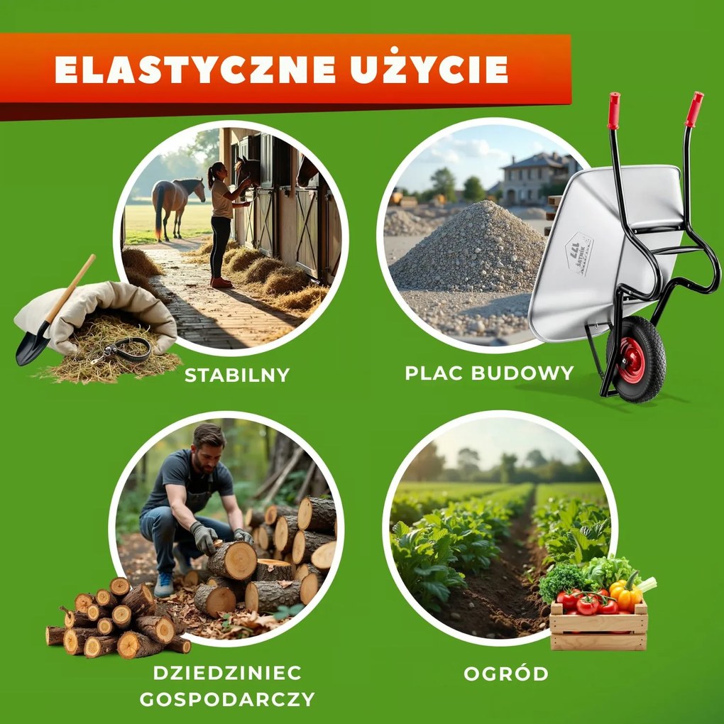 Taczka ogrodowa ocynkowana BARRY, max. pojemność 100l/250kg, srebrna/czarna Gardebruk