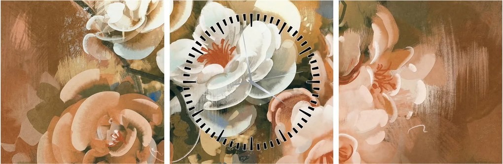 Obraz- Malowany bukiet kwiatów (z zegarem) (90x30 cm)