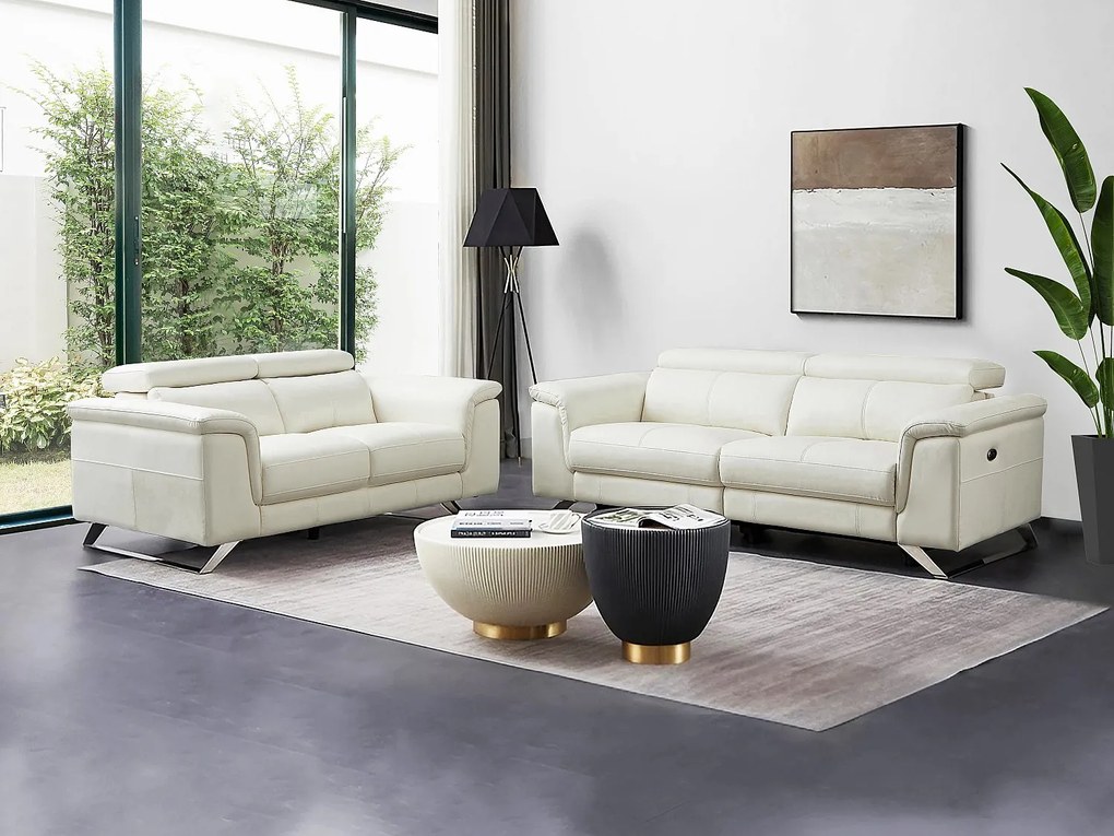 Kanapa 3-osobowa rozkładana elektryczna i 2-osobowa kanapa ze skóry w kolorze białym BREYT II